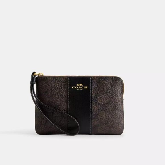 Coach Corner Zip Wristlet In Signature Canvas With Stripe - Picture 1 of 4